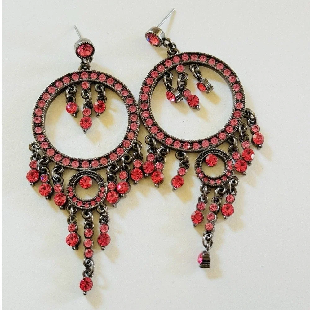 Chandelier Pink Rhinestone Dangle Earrings Y2K Chunky‎ Statement jeweled Pierced